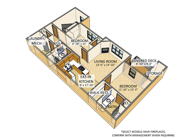 Floor plan for 2 beds, 1.5 baths, 1400 sqft